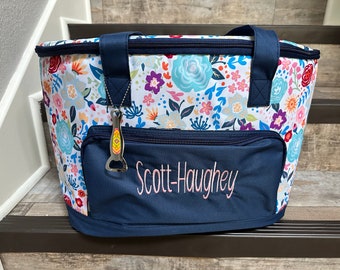 Monogrammed Spring Blossoms Cooler Bag, Navy floral Cooler Bag, Beach Cooler, Pool Insulated cooler, Personalized cooler, Drink Carrier