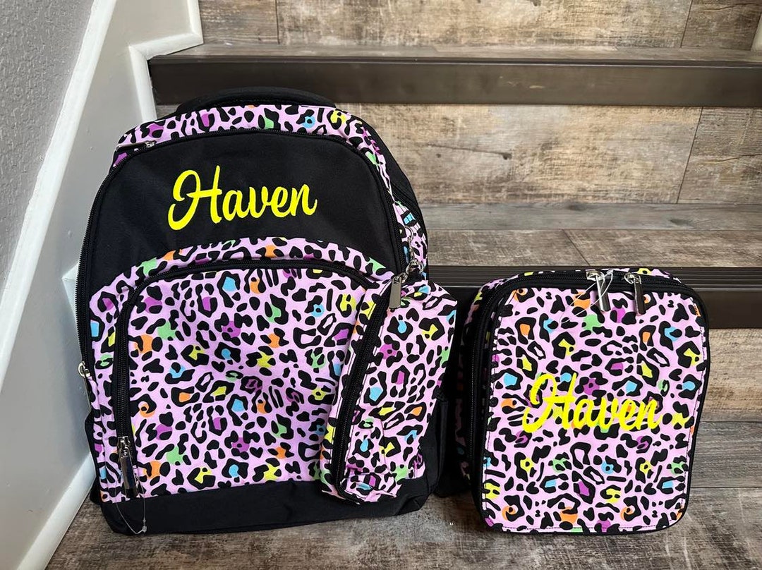 Personalized Pink Rainbow Leopard Backpack Lunchbox Set, Embroidered ...
