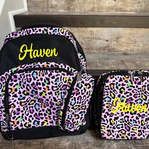 Personalized Pink leopard backpack lunchbox, embroidered backpack, kids backpack lunchbox, girls backpack set, monogrammed backpack lunchbox
