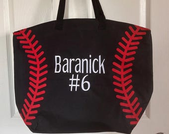 Personalized Black Baseball Tote Bag, Embroidered baseball Mom Tote, Baseball Bag, Canvas Baseball Tote, Large Baseball Canvas Tote Bag