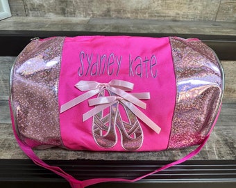 Embroidered Pink Dancer Canvas Metallic Duffle bag, Dance Gift, girls dance duffle, Personalize Girl Dance duffle, girl overnight duffle bag