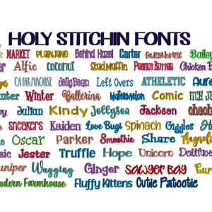 Puede incluir: Una imagen colorida con el texto "HOLY STITCHIN FONTS" en azul. La imagen presenta una variedad de nombres de fuentes en diferentes colores, incluyendo Puppy Kisses, Market, Planjane, Behind Hazel, Carter, Farmhouse, Bailey, Sugar, Alfie, Coconut, Studi Maffin, Peanut Butter, Chicken Basket, Evelyn, CA FAR/HOUSE, Jolly Bean, Left Overs, ATHELETIC, Aurora, Hunter, Winter, Ballerina, Watermelon, Comic, ITCH Jackson, Hailey, Julian, Kindy, Jollysea, Jackson, Chachie, Stollte, Sneakers, Kaiden, Love Bugi, Spinach, Giggles, Hollie, Maddie, Oscar, Parker, Smoothie, Share, Mynelia, Classic, Jester, Truffle, Hope, Unicorn, Dollface, Juniper, Wagging, Ginger, Sawyer Bay, Curtsy, Modern Farmhouse, Fluffy Kittens, Cutie Patootie.