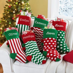Personalize Embroidered Green Red White Knit Christmas Stocking