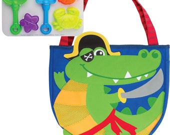Personalize Beach Tote and Toys, Alligator Pirate beach tote, embroider boy Alligator pirate beach tote, personalize kid gift, sea shell bag