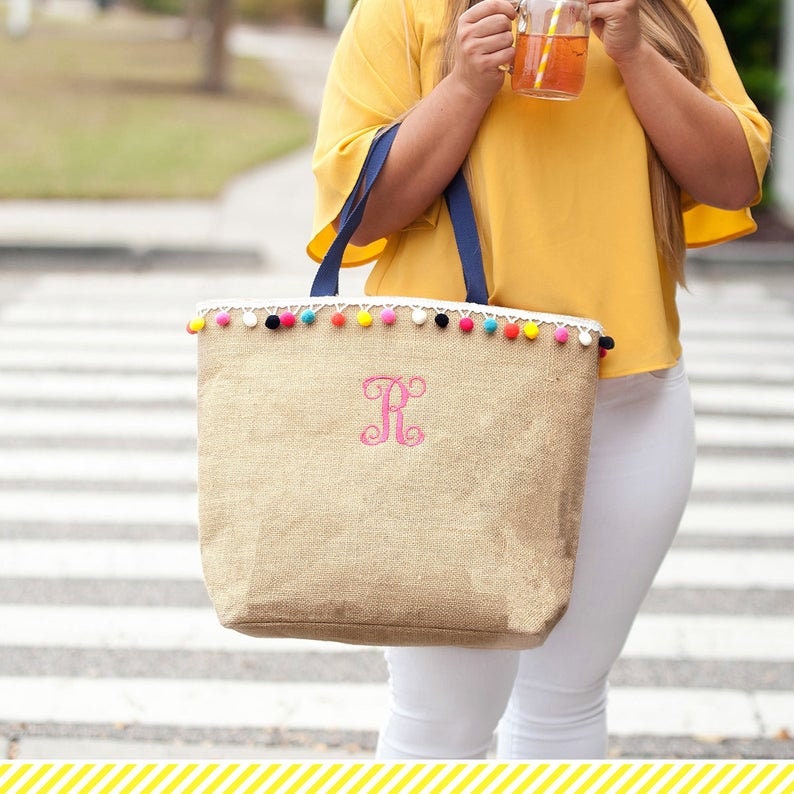 Pom Monogram Multicolored Pom Pom , Monogram Pom Pom Bag, Personalized Pom Pom Tote ...