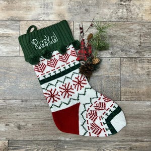 Embroidered Christmas Stockings, Personalized Christmas Stockings, Knit Pom Pom Stocking, Christmas knit Stocking, sweater stocking