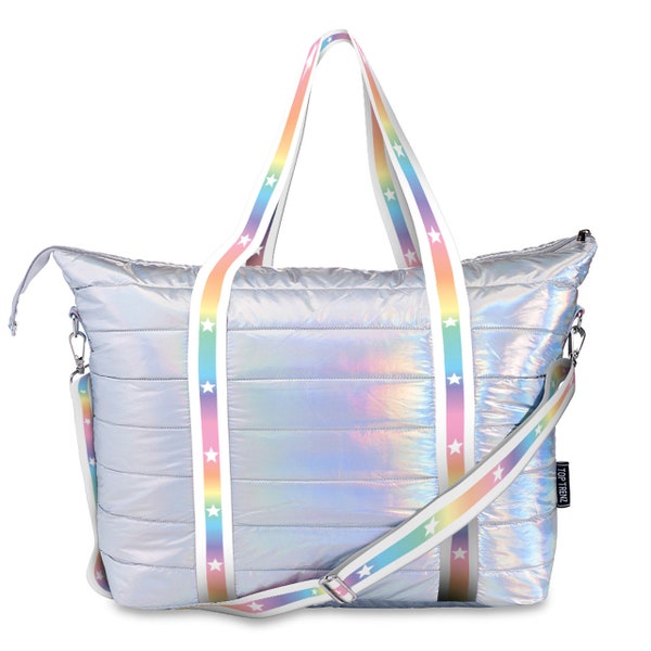 Personalized Iridescent Puffer Tote Bag Gradient Star Straps tote Weekender Bag, Teen puffer weekender bag with personalization