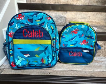 Stephen Joseph Classic Print Shark Backpack set, Personalize Boys Backpack set, monogrammed backpack and lunchbox set, Shark Backpack set