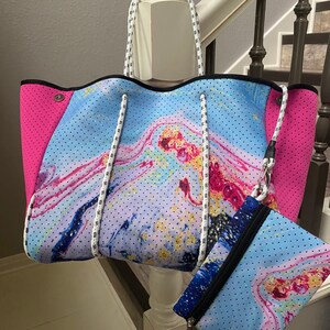 Hot Pink Marable Neoprene Beach Bag with small zipper purse, Personalize Neoprene Blue Marable Beach Bag, Neoprene beach, mothers day gift