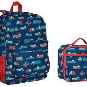 Wildkin 16 inch transporation Backpack lunchbox set, monogram backpack lunchbox set, personalized boy backpack lunchbox set
