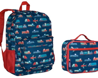 Wildkin 16 inch transporation Backpack lunchbox set, monogram backpack lunchbox set, personalized boy backpack lunchbox set