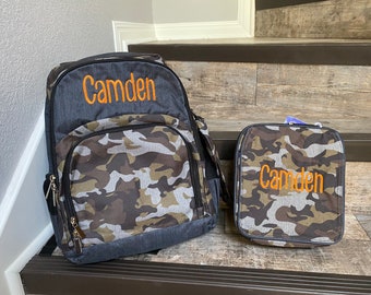 Personalized backpack lunchbox set, embroidered backpack, kids camo  backpack lunchbox set, boys backpack set, monogrammed backpack lunchbox