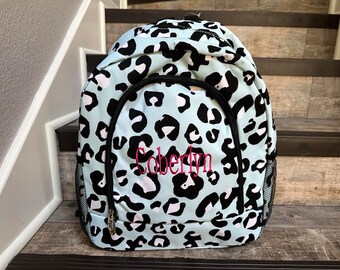 Embroidered Mint Leopard Backpack, personalized leopard lunchbox, girls  embroider leopard backpack set, leopard backpack, school bag