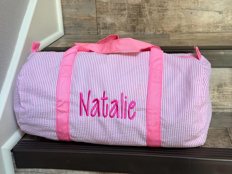 Personalized Embroidered Monogrammed Seersucker duffel bag or case or both, kids overnight bag image 9