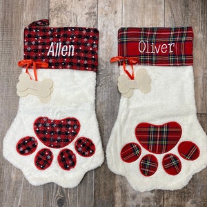 Personalize Dog Stocking, Pet Stocking, plaid dog stocking, dog paw stocking, dog bone stocking, embroider dog stocking, pet stocking