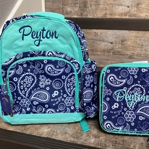 Embroidered Navy white and mint paisley Lunchbox & backpack. Girls Monogram Lunchbox and backpack set, personalized backpack and lunchbox