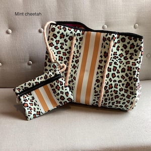 MINT Leopard Neoprene Beach Bag with small zippered purse, Personalized Neoprene leopard Beach Bag, Neoprene beach  bag, mothers day gift