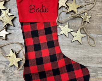 Personalized Embroidered red Black Buffalo Plaid Christmas Stockings