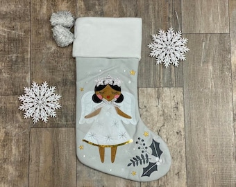 Personalized kids Dark skin angel stocking,  Stephen Joseph Christmas Stockings, monogram snowman stocking, kids christmas stocking