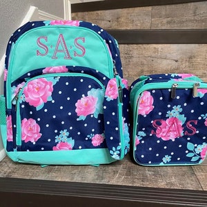 Personalized floral backpack lunchbox set, Girls peony Monogram Lunchbox and backpack set, embroider backpack and lunchbox, girls backpack image 7