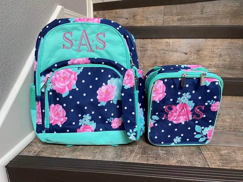 Personalized floral backpack lunchbox set, Girls peony Monogram Lunchbox and backpack set, embroider backpack and lunchbox, girls backpack image 7