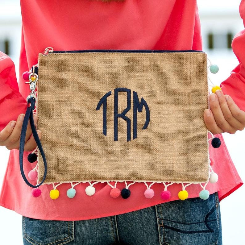 Pom Monogram Multicolored Pom Pom , Monogram Pom Pom Bag, Personalized Pom Pom Tote ...