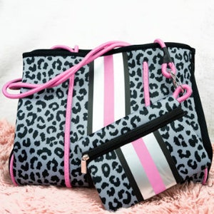 Leopard Neoprene Beach Bag with small zippered purse, Personalized Neoprene leopard Beach Bag, Neoprene beach  bag, mothers day gift