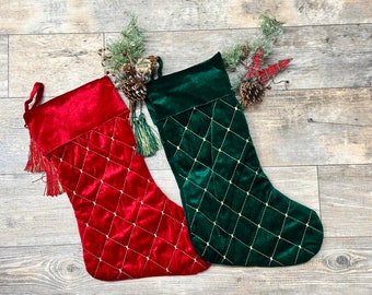 Dark Red Or Green Christmas stocking with  tassel, embroider red green velvet christmas stocking, personalize stocking