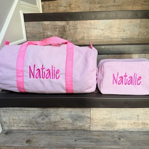 Personalized Embroidered Monogrammed Seersucker duffel bag or case or both, kids overnight bag image 3