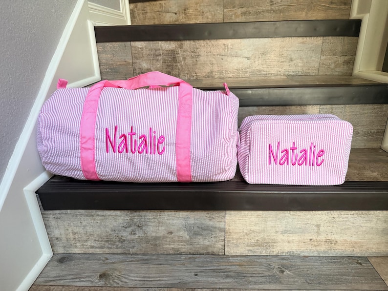 Personalized Embroidered Monogrammed Seersucker duffel bag or case or both, kids overnight bag image 3