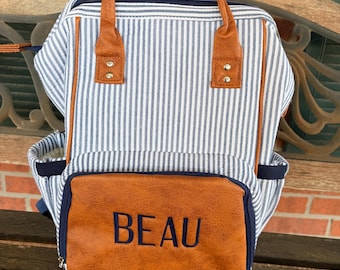 Personalized Embroidered Monogram Blue Pink Seersucker vegan leather diaper Bag BackpackBag