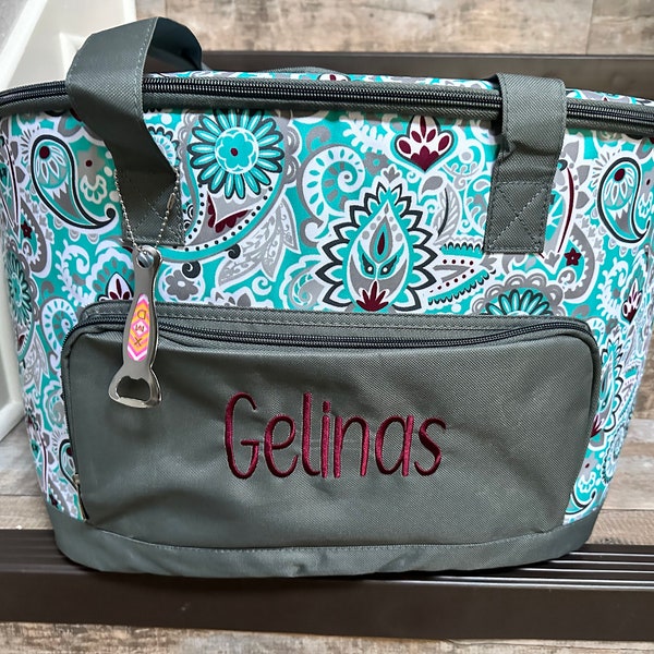 Monogrammed Swirl Grey and Teal Cooler Bag, Paisley Cooler Bag, Beach Cooler, Pool Insulated cooler, Personalized cooler, Drink Carrier