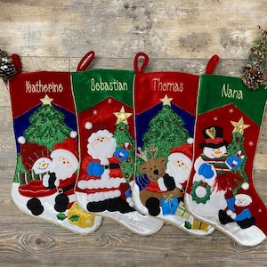 Embroidered Christmas Stockings, Personalized Christmas Stockings, santa stocking, snowman stocking, applique stocking