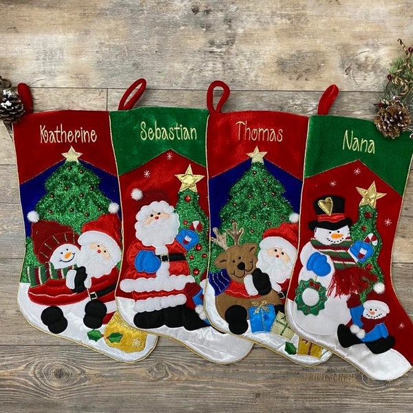 Embroidered Christmas Stockings, Personalized Christmas Stockings, santa stocking, snowman stocking, applique stocking