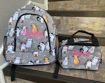 Personalize Cat backpack lunchbox set, Monogram backpack, personalized backpack, kids cat backpack, ngil cats meow backpack, book sack