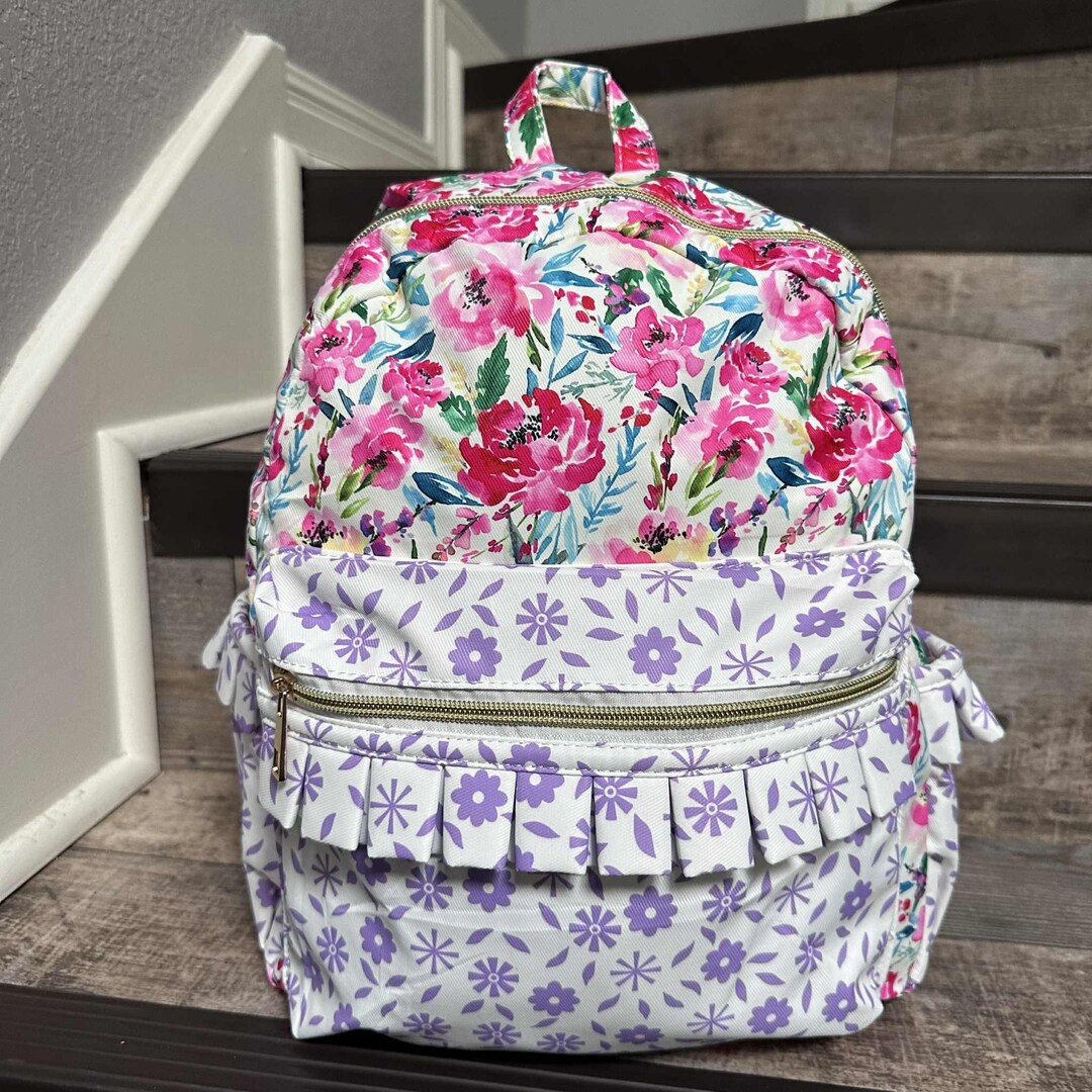 Hot Pin Flower Kids Girls Ruffle Backpack, Monogram Floral Backpack ...