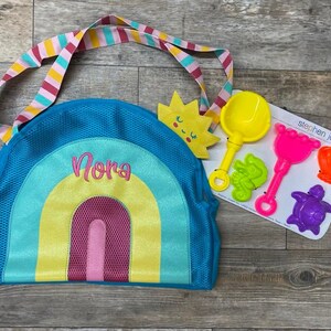 Personalized Beach Tote and Toys, rainbow beach tote, embroidered beach tote, girls beach tote, personalize kids gift, sea shell bag