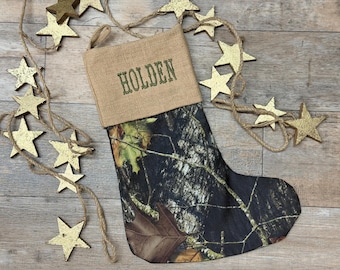 Personalized Camouflage Hunting Christmas Stocking, Embroidered boys woodsy stocking.