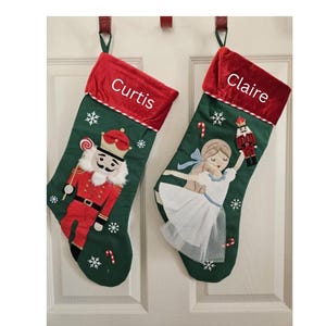 Personalized Embroidered Monogram Red Green Plush Nutcracker and Clara Christmas Stocking