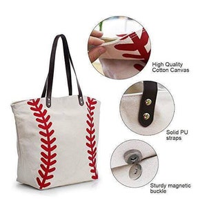 May include: A white canvas tote bag with a red baseball stitch design. The bag has brown leather handles and a magnetic closure. The bag is made of high quality cotton canvas and has solid PU straps.