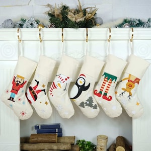 Personalize kids stocking, embroider christmas stocking, personalize reindeer elf penguin santa snowman stocking, kids christmas stocking