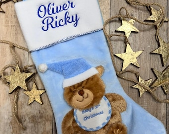 Personalized Embroidered Baby's First Bear Pink Blue Christmas stocking