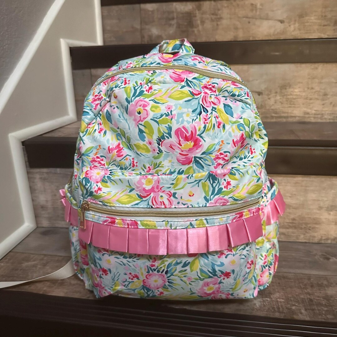 Pink Ruffly Backpack Flower Kids Girls Ruffle Backpack, Monogram Floral Backpack ...