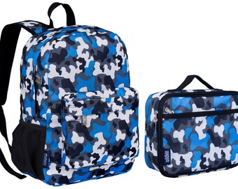 Wildkin 16 Inch Blue Camo Backpack Lunchbox Set, Monogram Backpack - Main Image