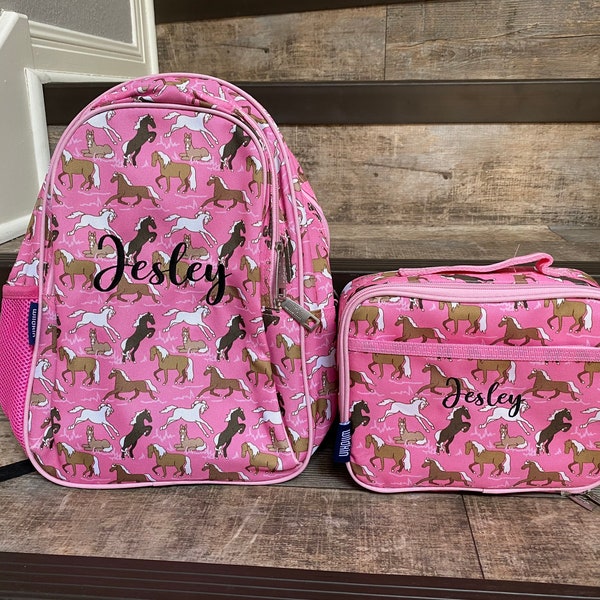 Wildkin Pink Horse Backpack lunchbox set, monogram backpack lunchbox set, girl backpack lunchbox set, Horse backpack lunchbox set