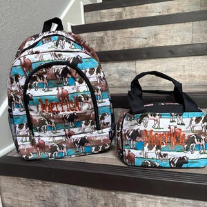 Large cow print Backpack, Country side moo Lunch box, Monogram have you herd backpack, personalized backpack, cow print backpack