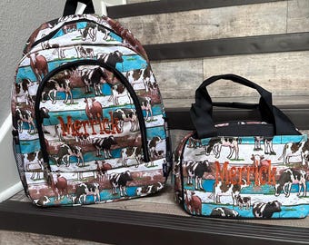 Monogrammed Cowhide Print Backpack Large Western Travel Bag 