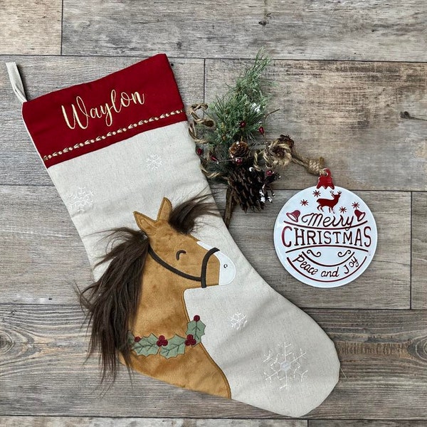 Horse Christmas Stocking, Christmas Stocking, Embroider Christmas Stocking, Personalize Christmas Stocking, Rustic stocking