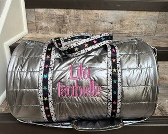 Personalized Girls Metallic Gun Metal Duffle bag with straps with rainbow stars, teens duffle gift, girl puffer duffer, girl gift