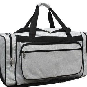 20 Inch NGIL Silver Glitter Duffle, personalize girls silver glitter duffle, girls overnight glitter duffle, girls glitter travel duffle
